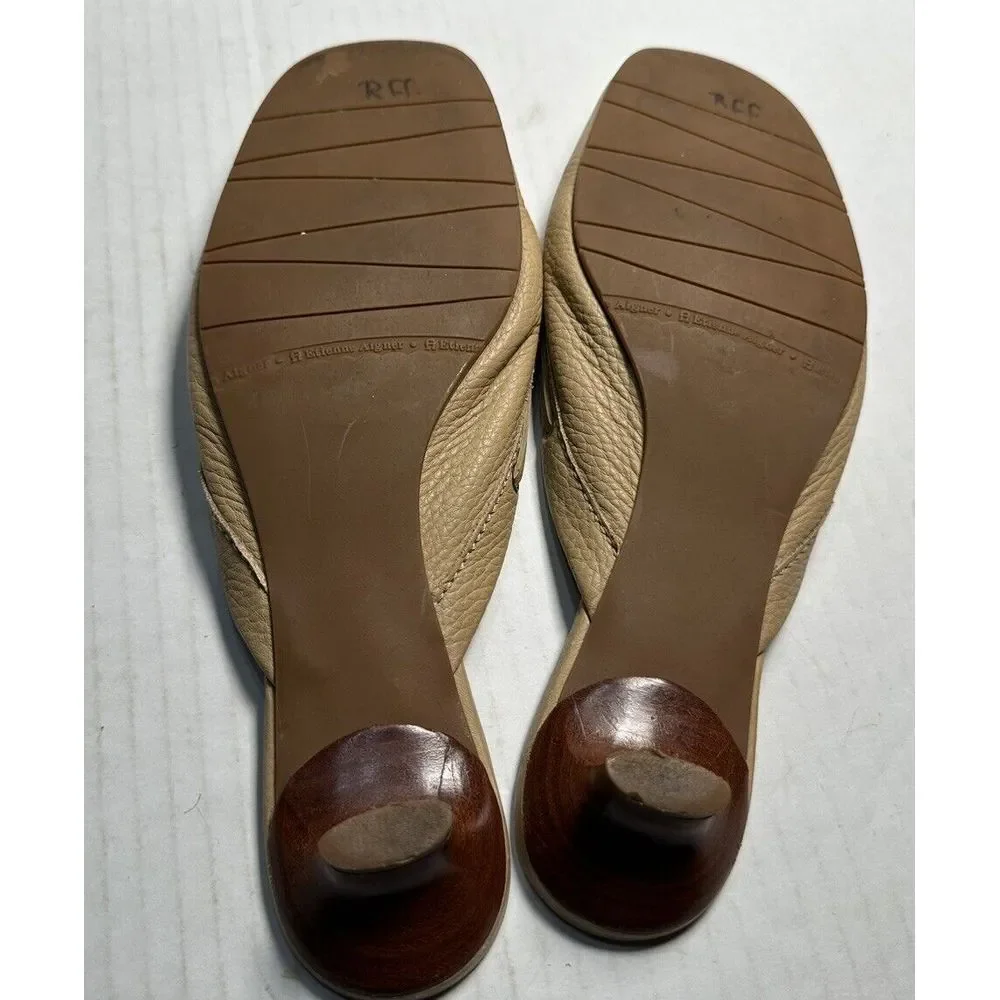 Etienne Aigner Walton Mules Beige Leather Round Apron Toe Low Heel Shoes Sz 9.5M